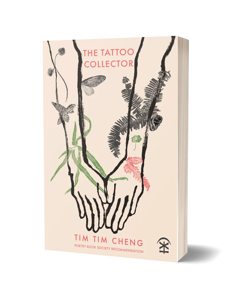 Book cover of 'The Tattoo Collector' by Tim Tim Cheng featuring minimalist illustrations of hands and flowers on a light background.